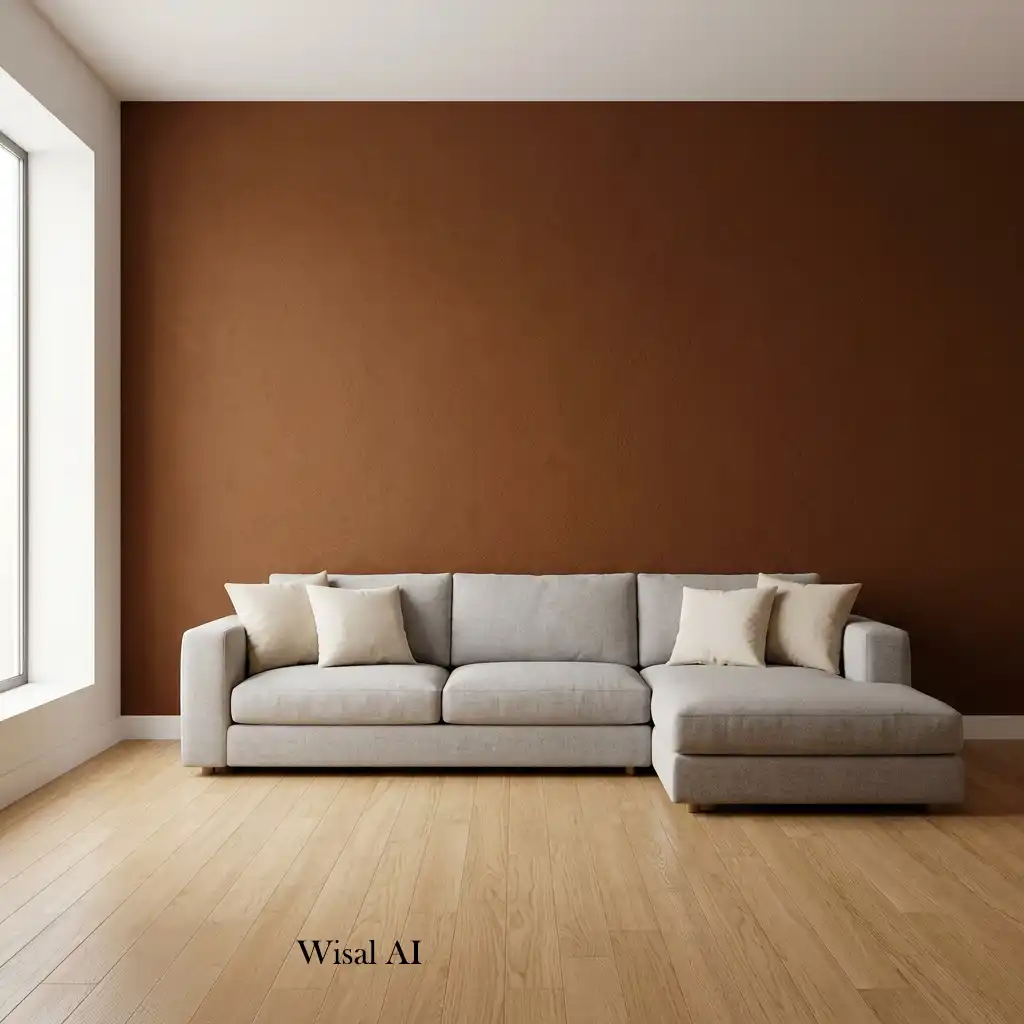 Walnut and oak furniture paired with cinnamon brown living room décor.
