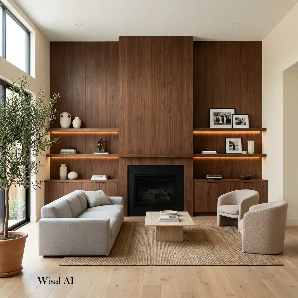 Modern living room with walnut wall panels and built-in shelving.