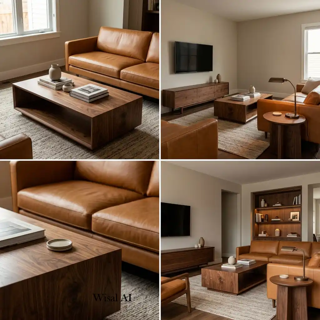 Modern living room with caramel furniture and warm cream accents.