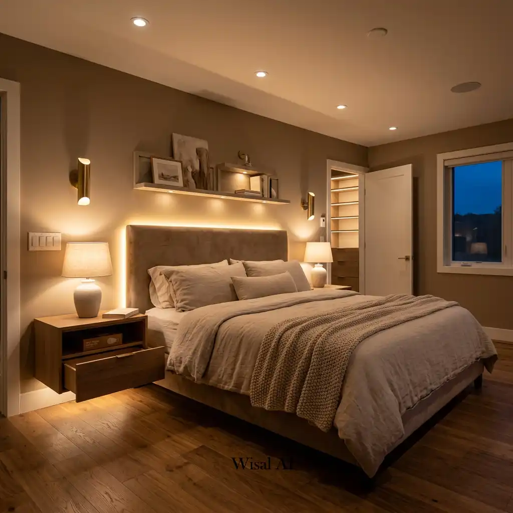 Modern bedroom with layered lighting, bedside lamps, and relaxing warm ambient glow.