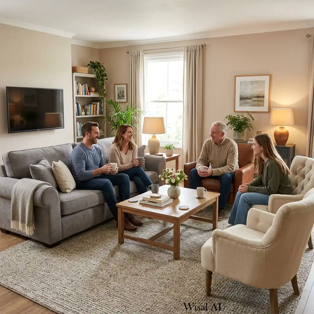 Cozy living room arranged with sofas and chairs facing each other for conversation.