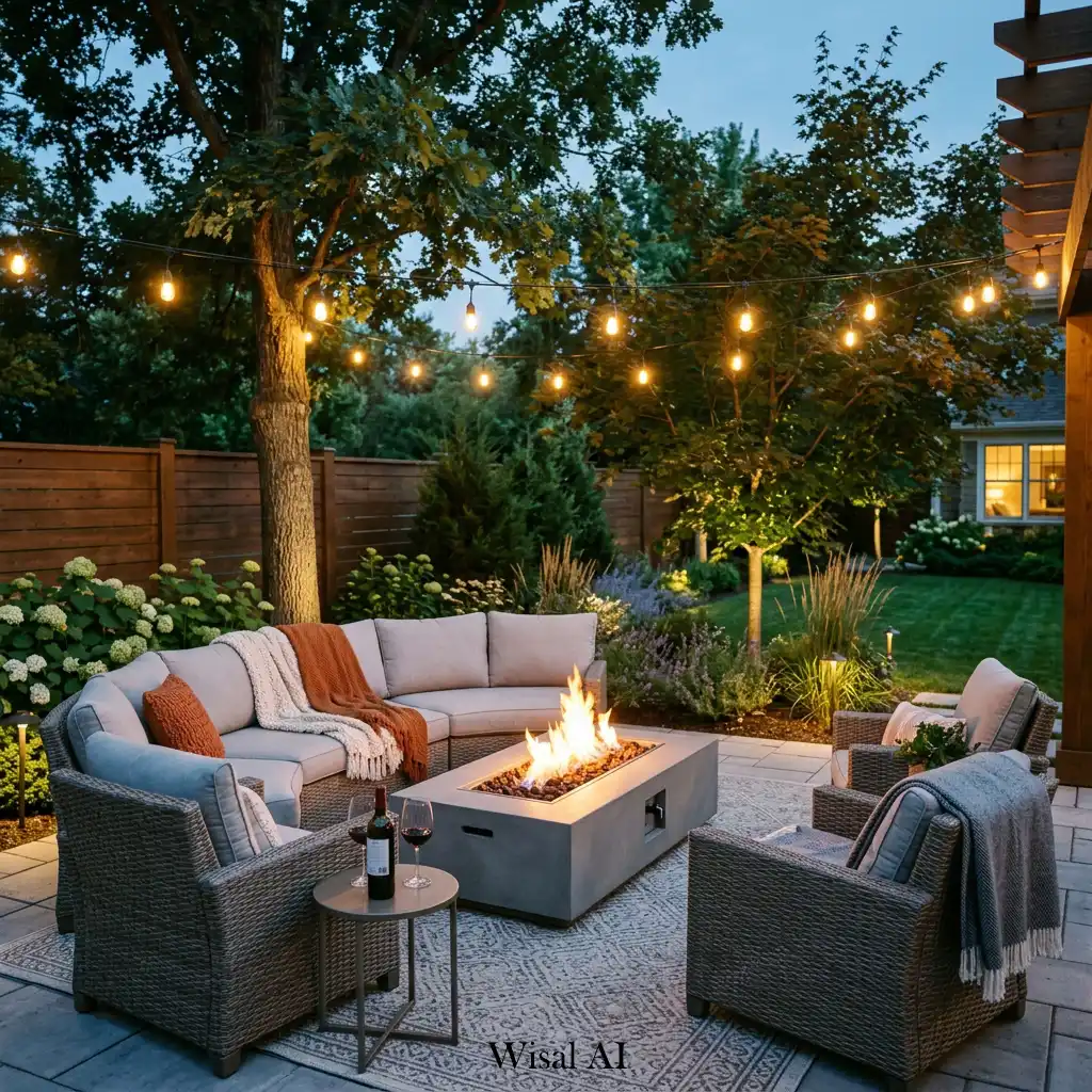 Modern backyard featuring a fire pit lounge surrounded by comfortable outdoor seating