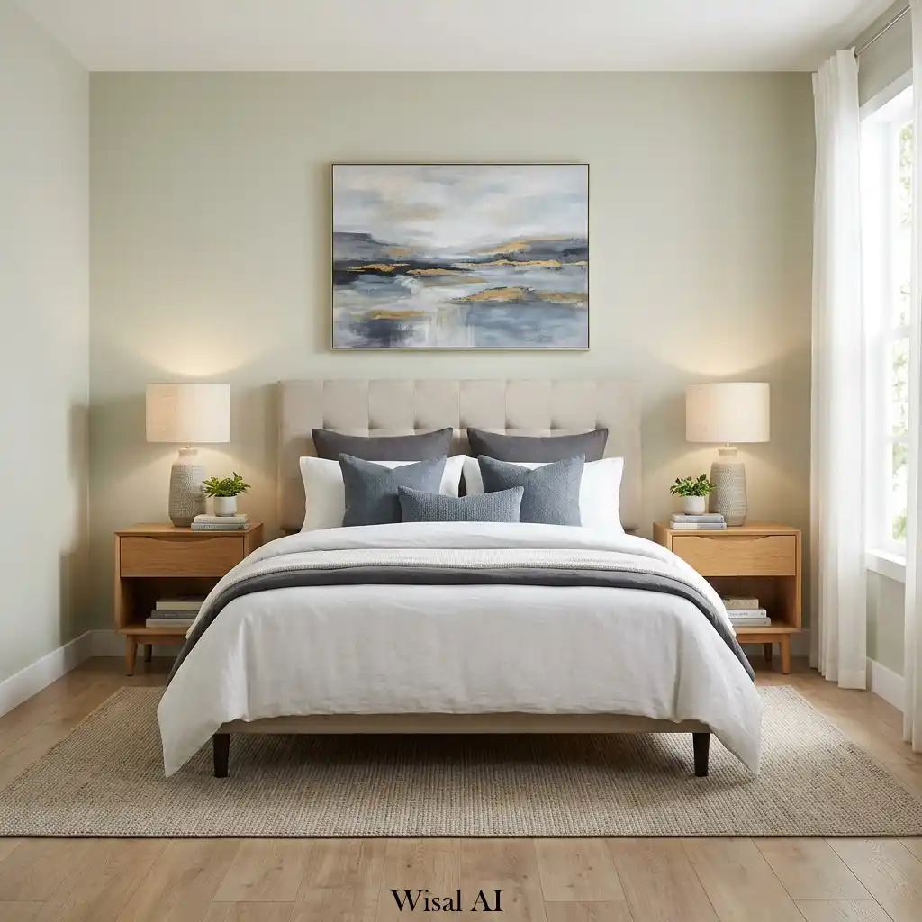 Symmetrical bedroom featuring matching nightstands and balanced furniture arrangement.