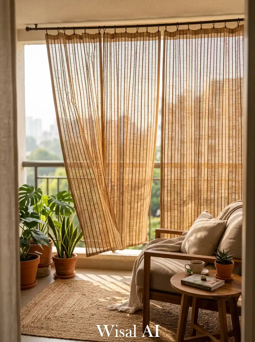 Bamboo curtains providing soft filtered balcony privacy