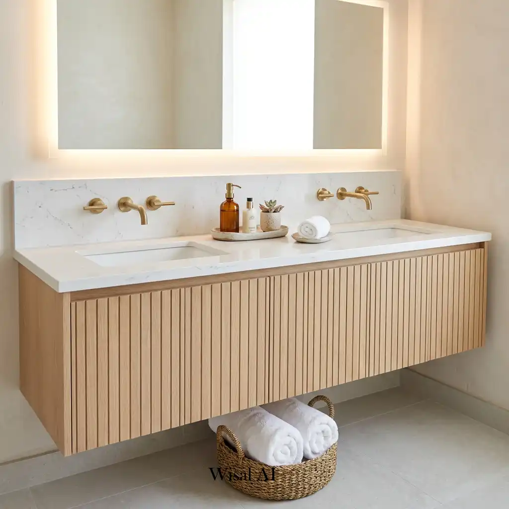 Fluted wood bathroom vanity with brushed brass fixtures and a large illuminated mirror.