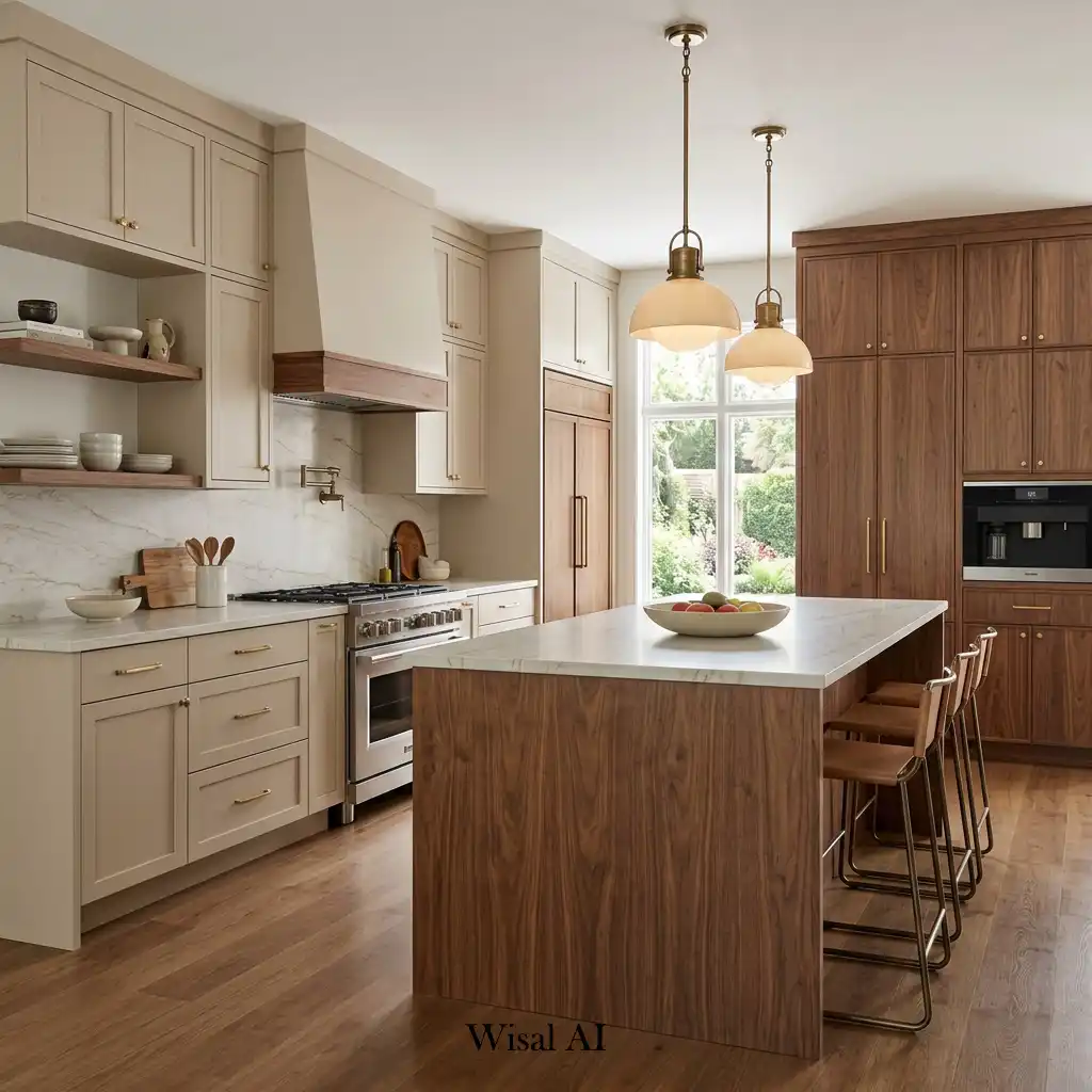 Luxury kitchen featuring beige cabinets paired with rich walnut finishes