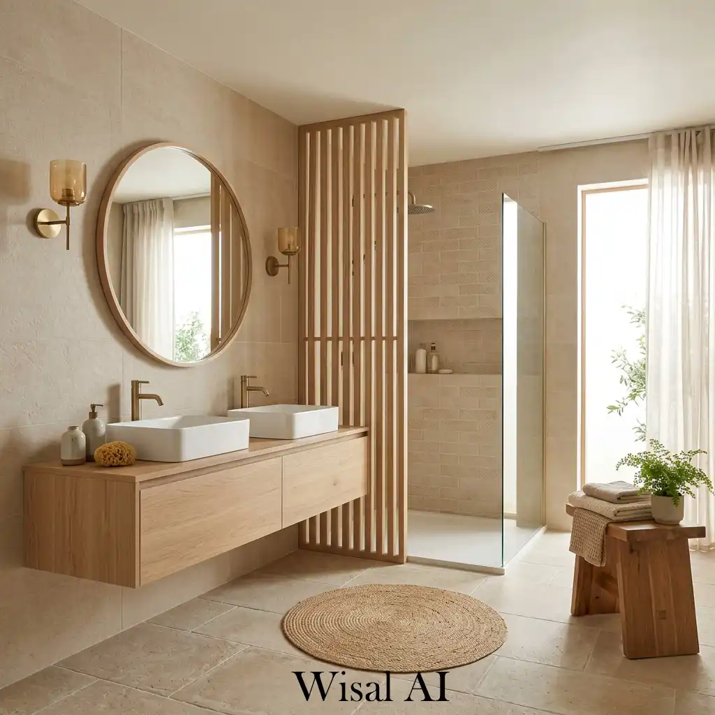 Natural wood and beige bathroom warm cozy spa atmosphere