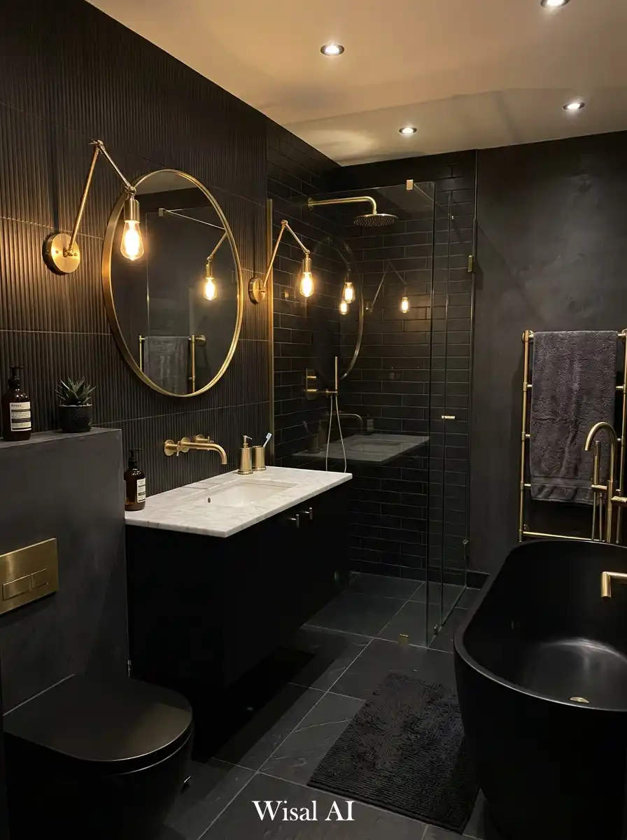 Luxury black bathroom with brass faucets and warm metallic details in an elegant modern design.