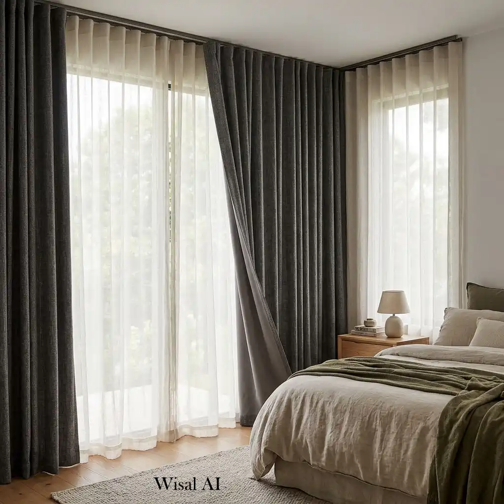 Bedroom with blackout curtains layered over sheer linen drapes.
