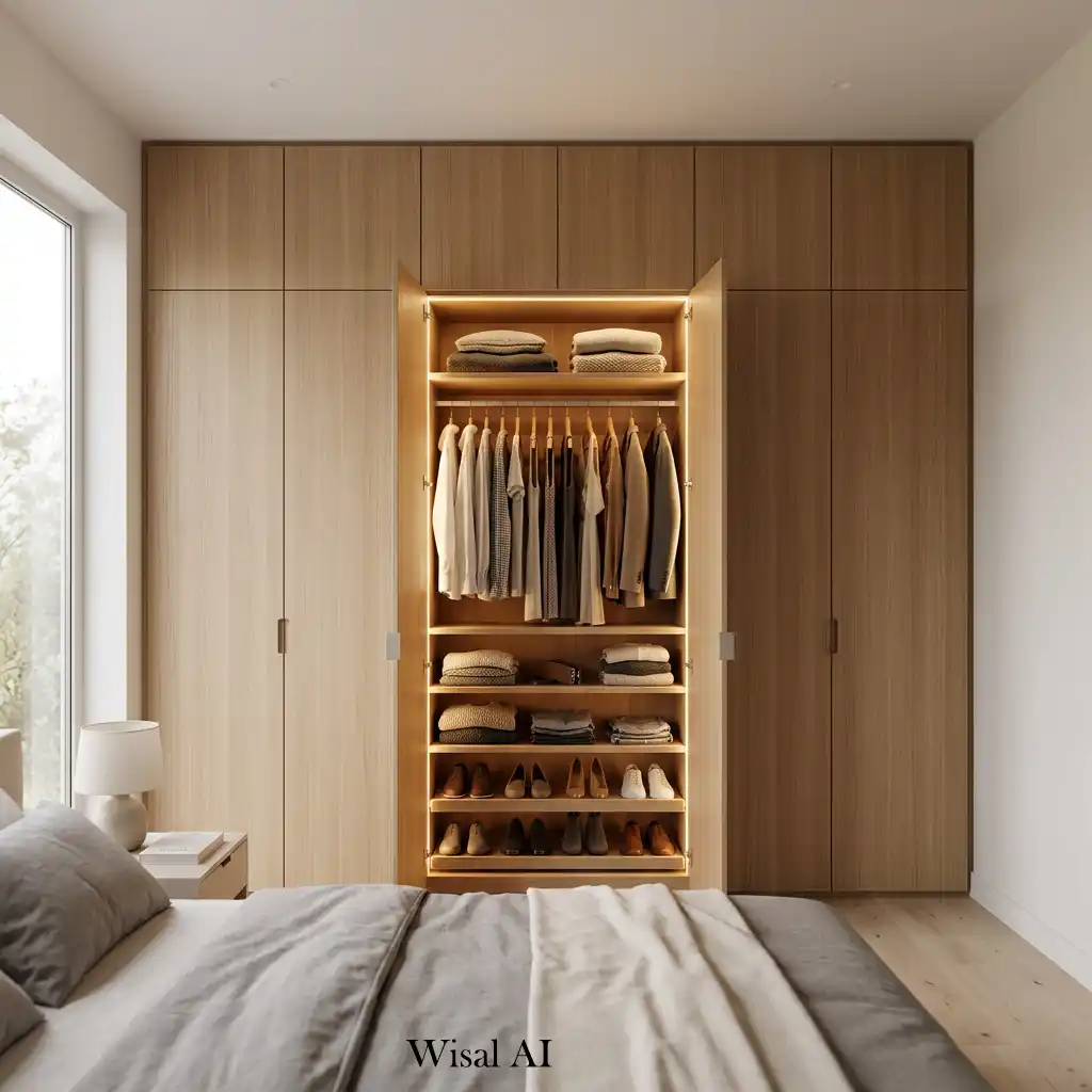White oak built-in wardrobes with integrated LED lighting and concealed storage.