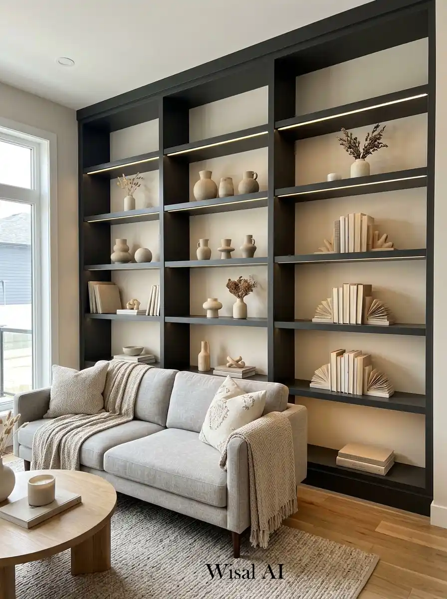 Luxury living room with charcoal built-in shelves beige decor pieces and warm ambient lighting modern design.