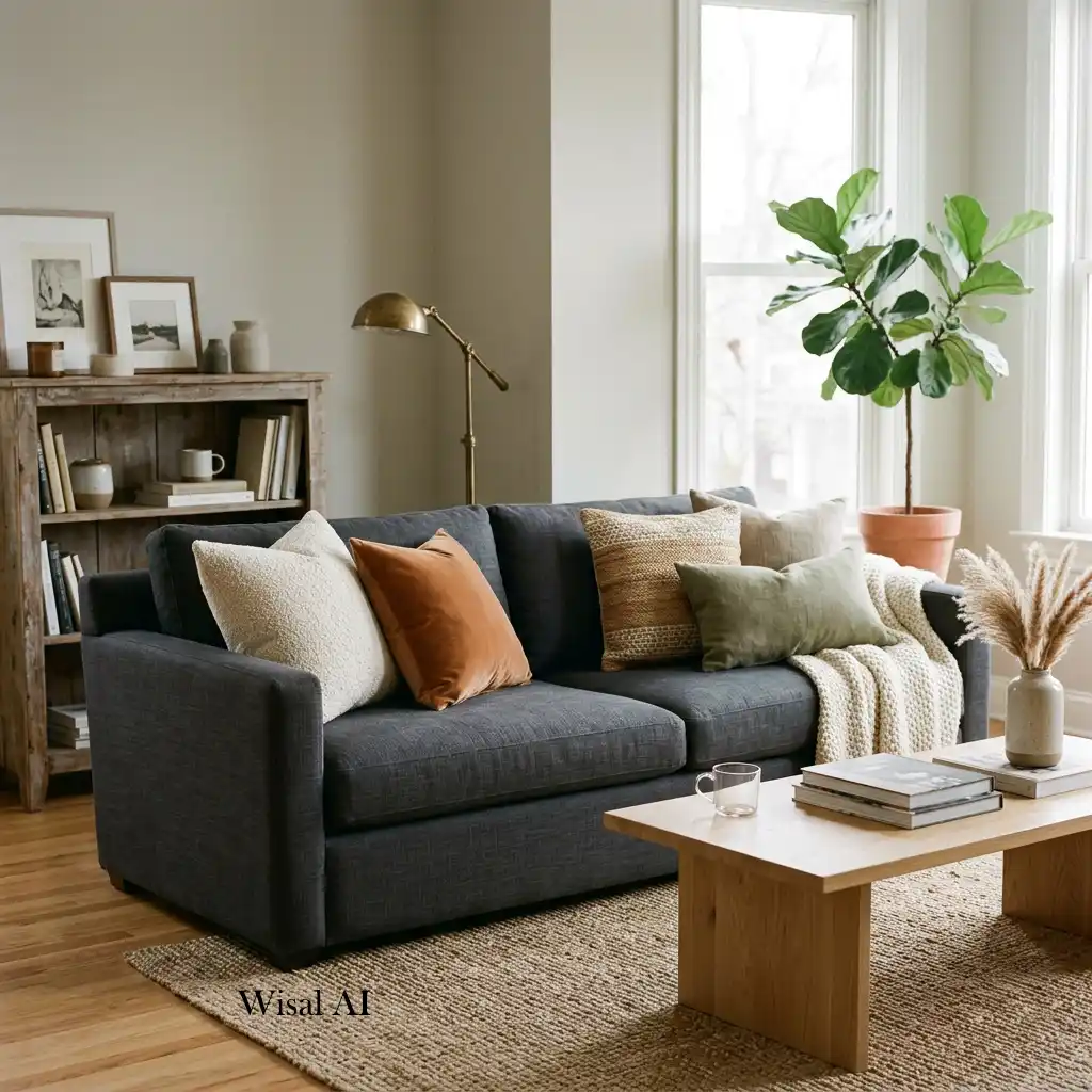 Modern charcoal gray sofa styled with neutral throw pillows.