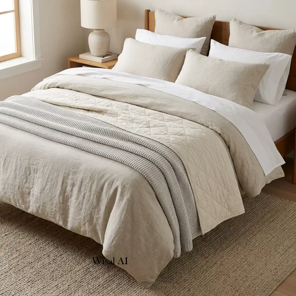Modern bedroom styled with layered linen bedding in soft neutral tones for lasting elegance.