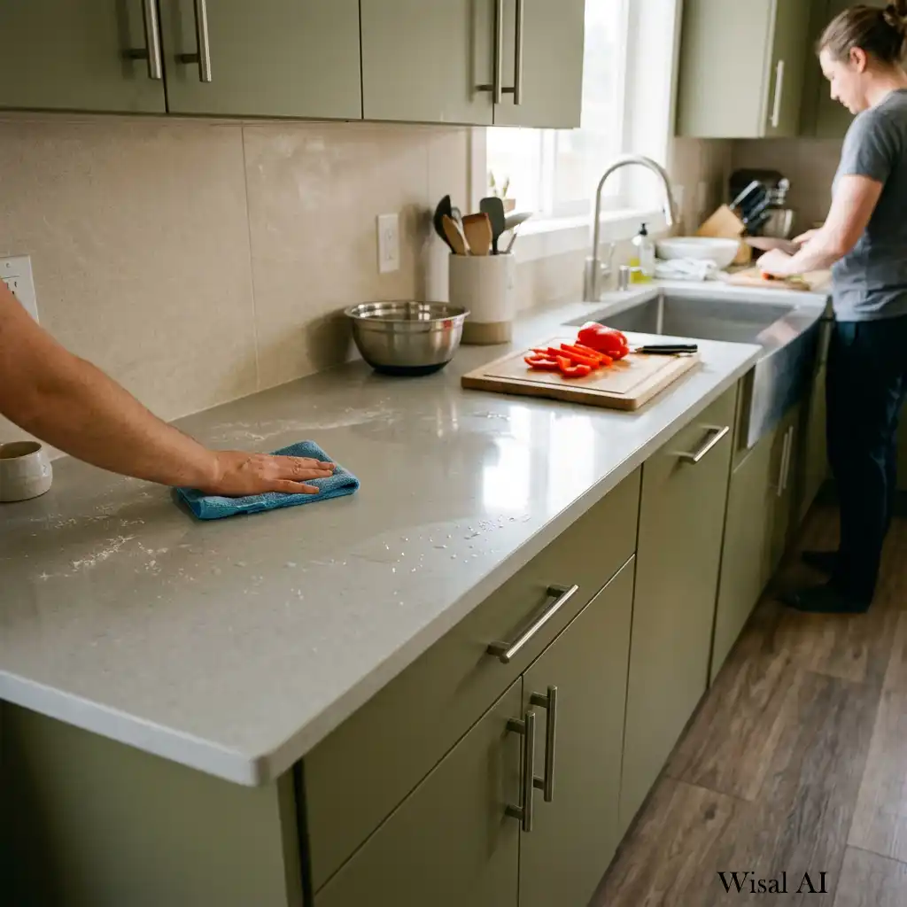 Contemporary kitchen designed with durable quartz countertops, large-format backsplash tiles, and easy-to-maintain finishes.