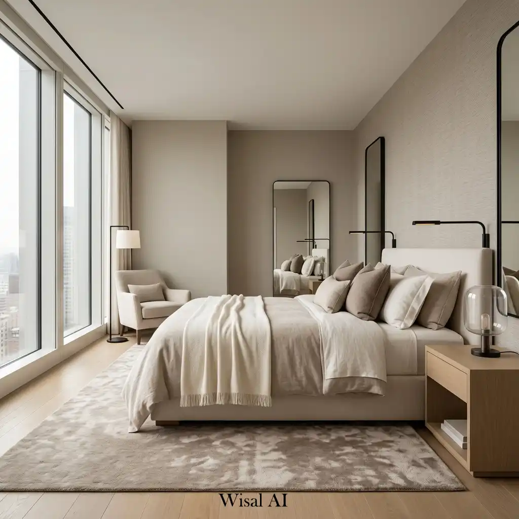 Modern bedroom with warm neutral colors and white oak furniture.