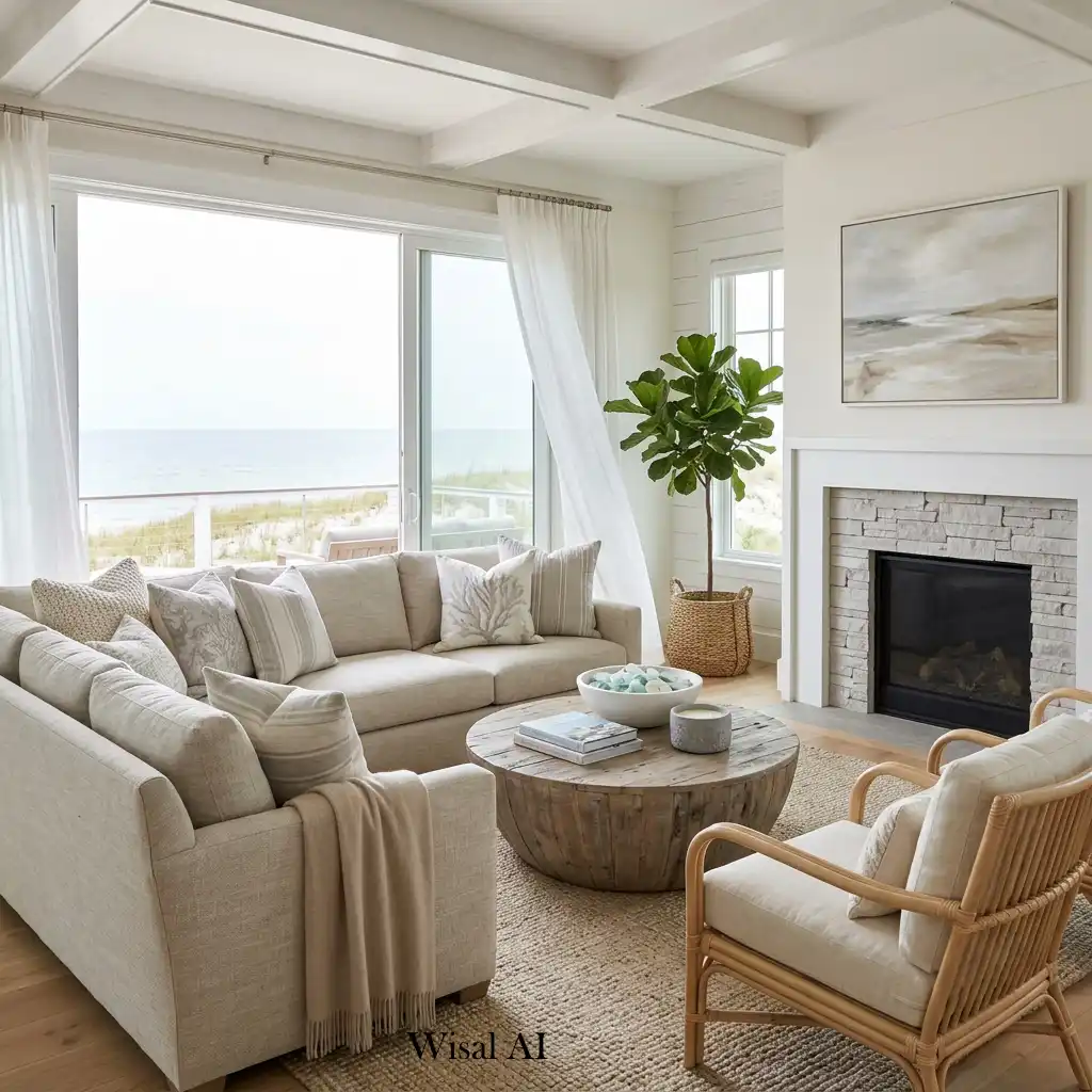 Coastal-inspired living room with a calming neutral color palette.