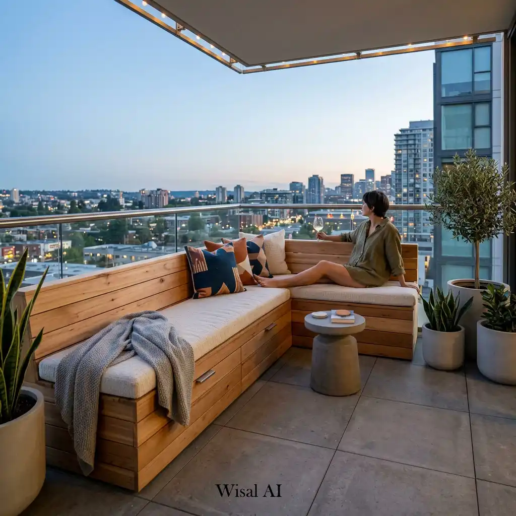 Modern balcony featuring custom built-in seating and urban skyline views