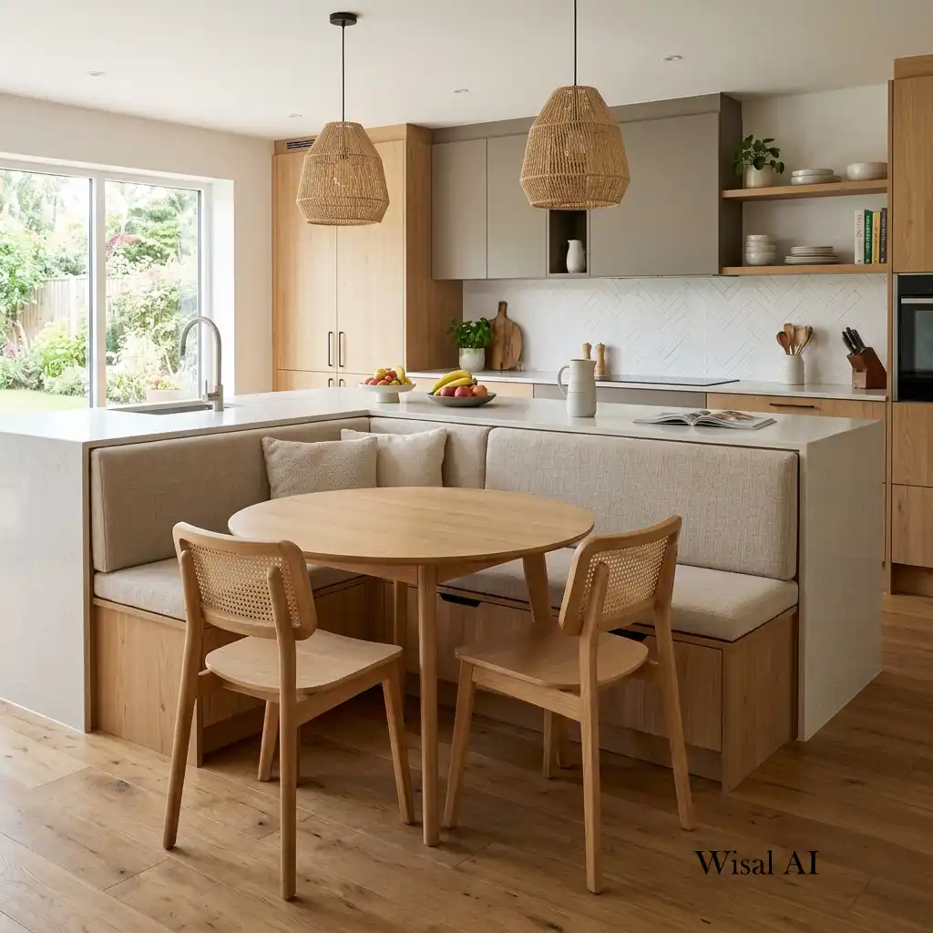 Contemporary kitchen island connected to a built-in banquette seating area.