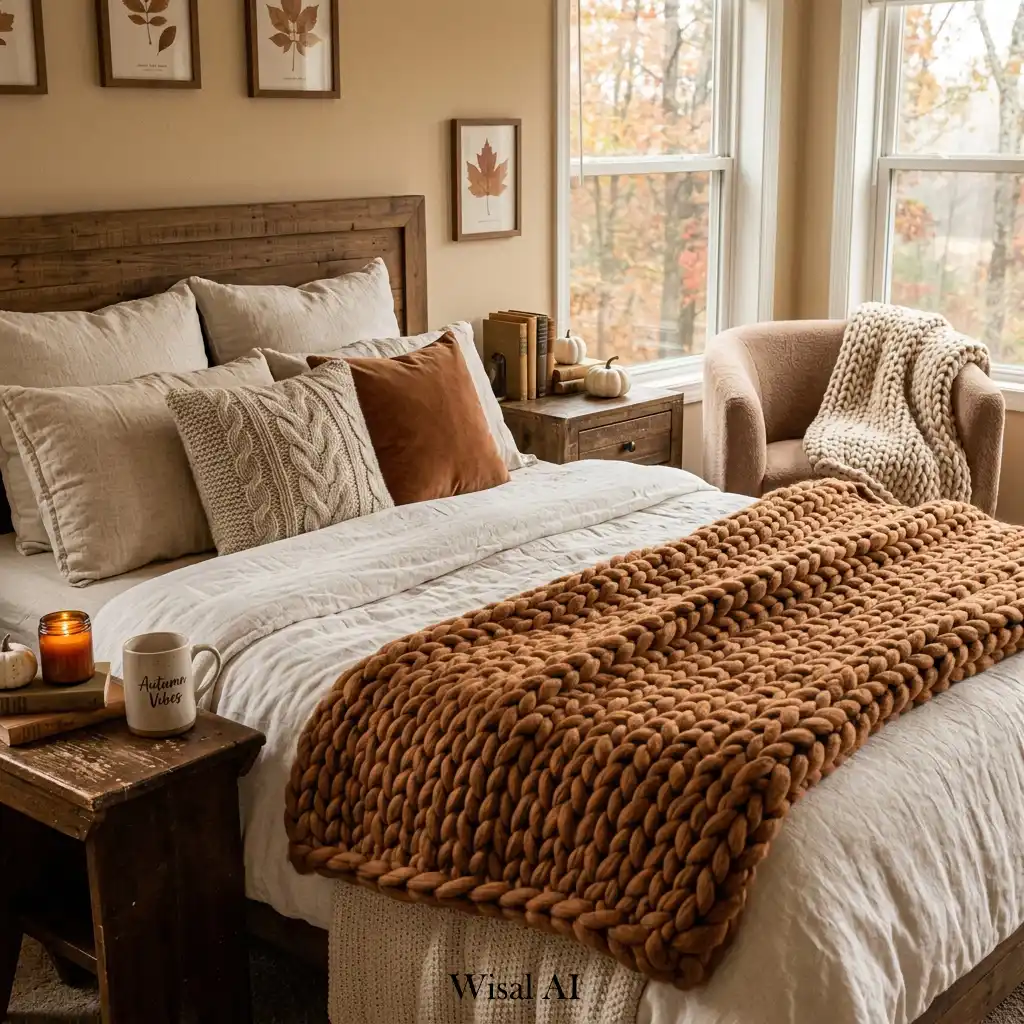Cozy bedroom with oversized knit throws and warm autumn styling.