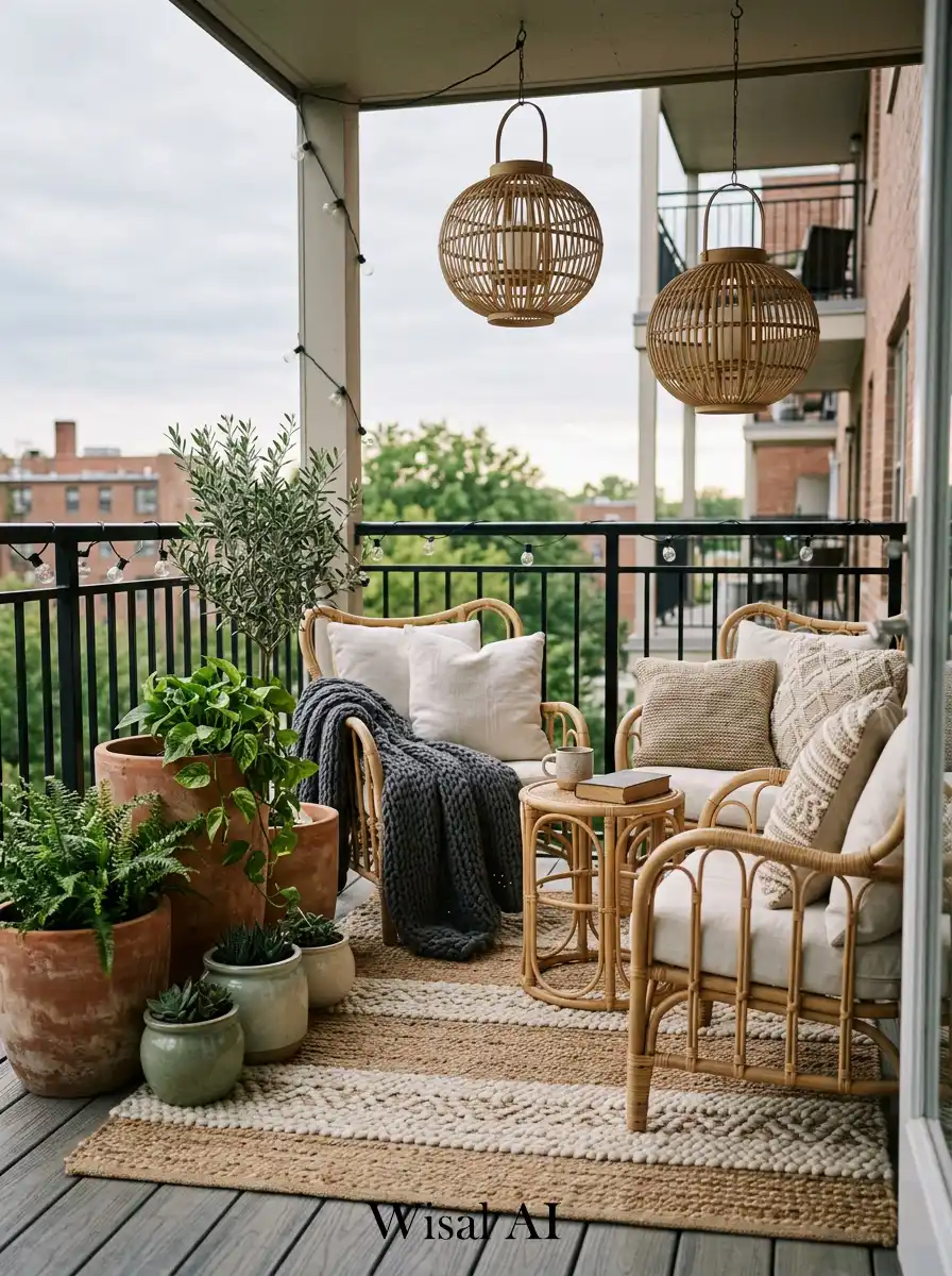 Cozy balcony with layered rugs, woven textures, and soft neutral outdoor fabrics.