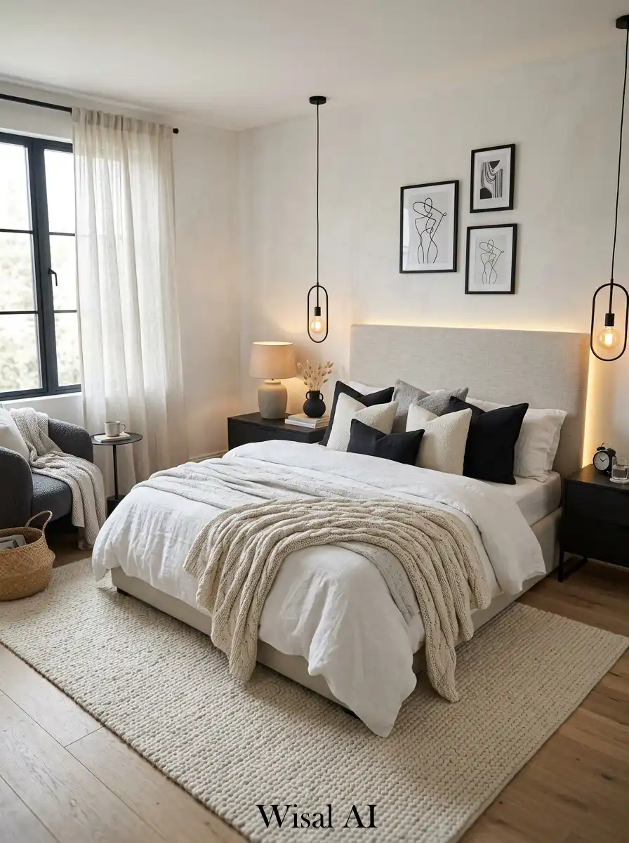 18. Cozy Black and White Bedroom with Warm Textures