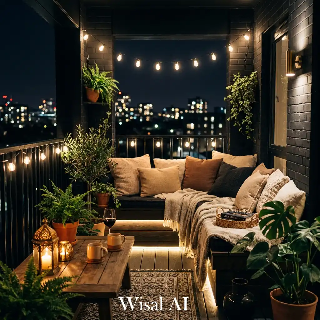 Black balcony design with soft warm ambient lighting and cozy seating creating an intimate evening atmosphere.