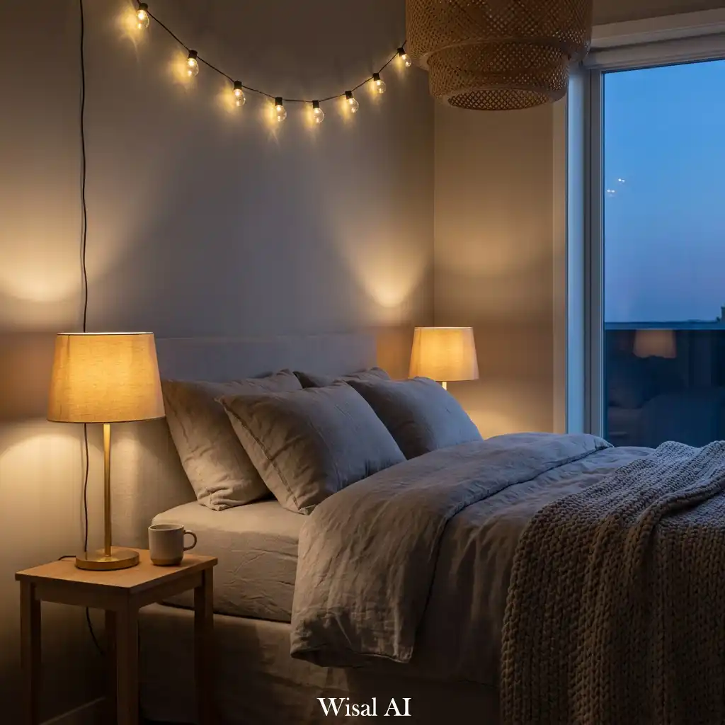 Hygge style Scandinavian bedroom with warm ambient lighting and calm atmosphere