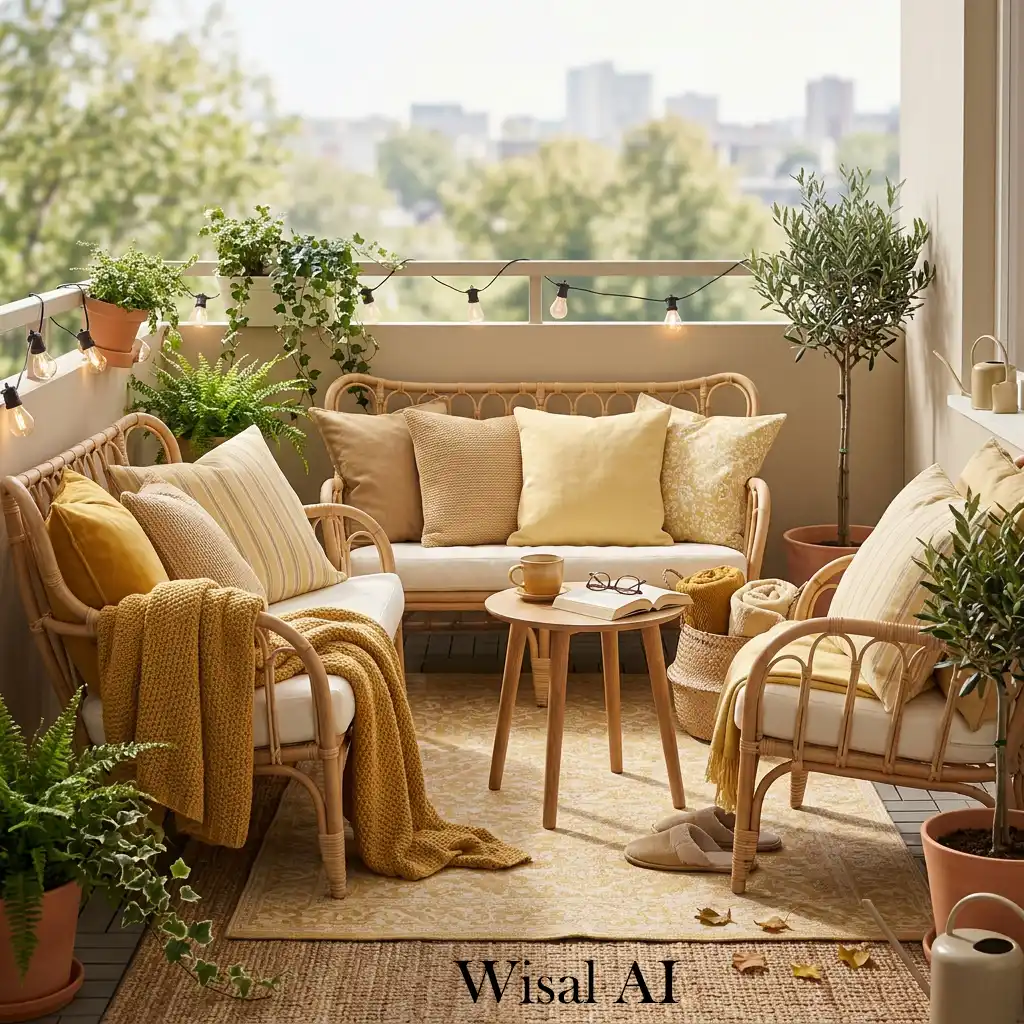 Cozy yellow balcony with soft cushions, textiles, and relaxing seating area