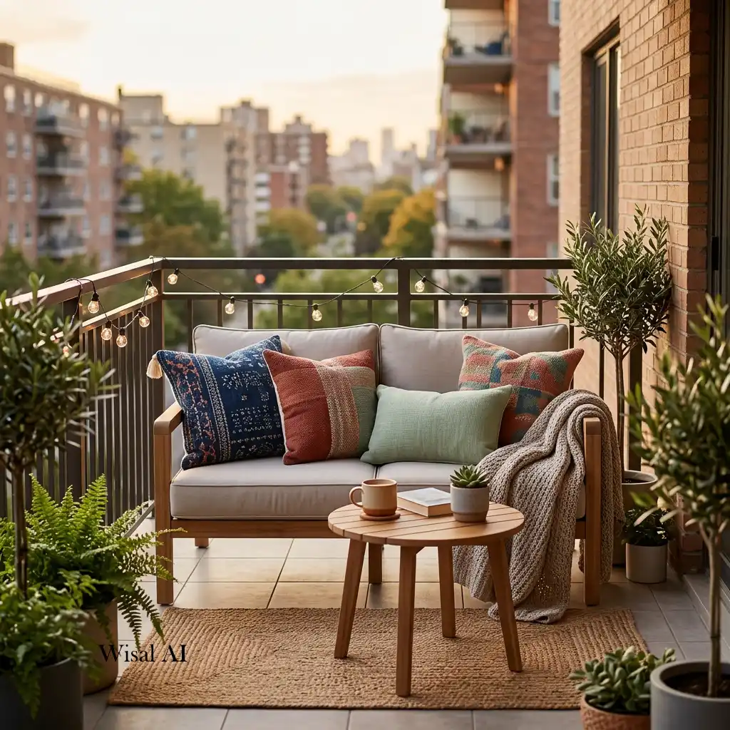 Modern balcony with comfortable chairs, soft cushions, and a stylish café table.
