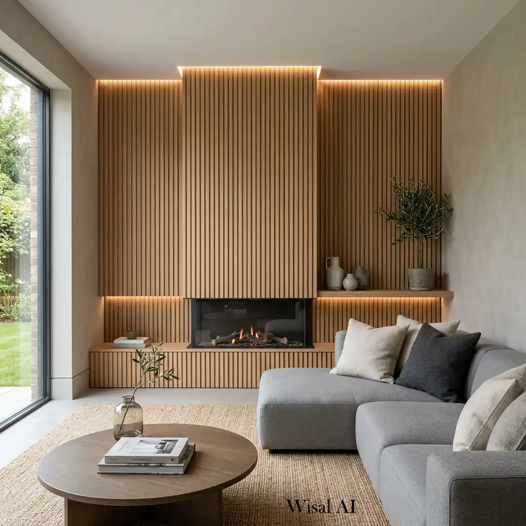Contemporary living room with a textured feature wall.