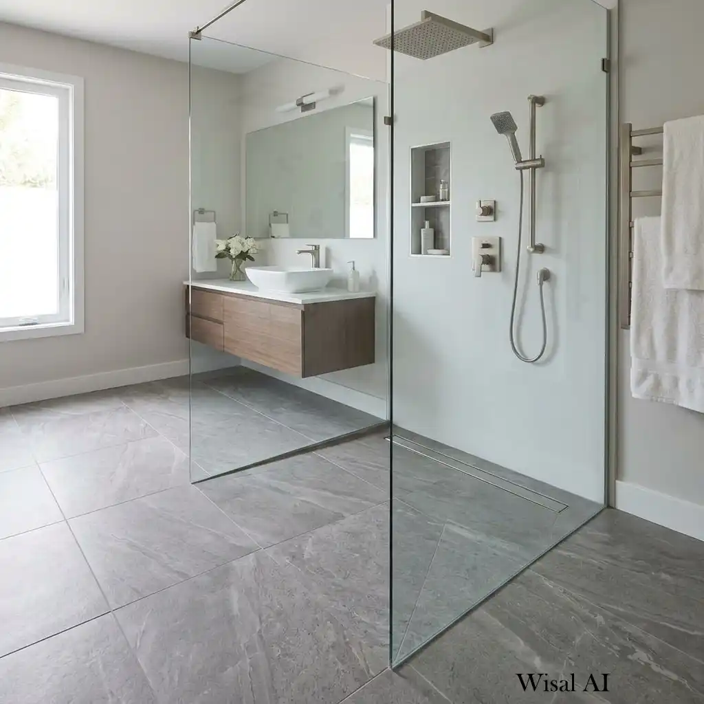 Curbless walk-in shower with a seamless floor and frameless glass partition.