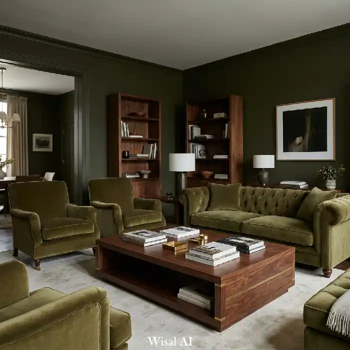 Dark olive green living room with walnut furniture, brass accents, and sophisticated styling