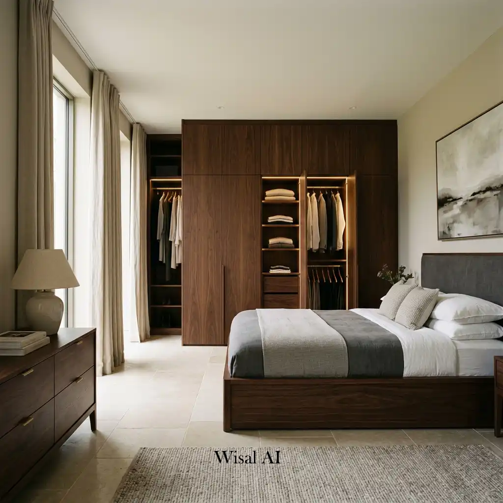 Dark wood bedroom with custom built-in wardrobes and integrated LED lighting.