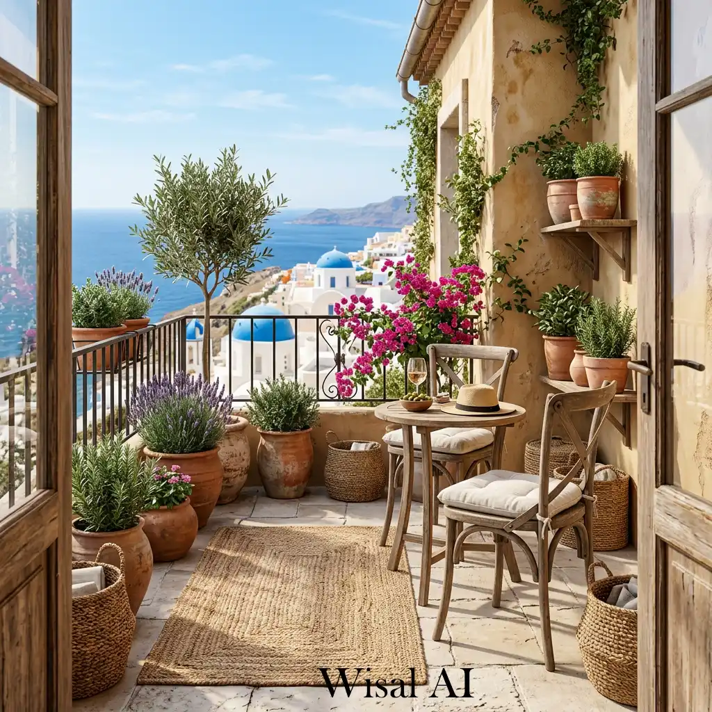 Mediterranean-inspired balcony with terracotta pots and natural textures