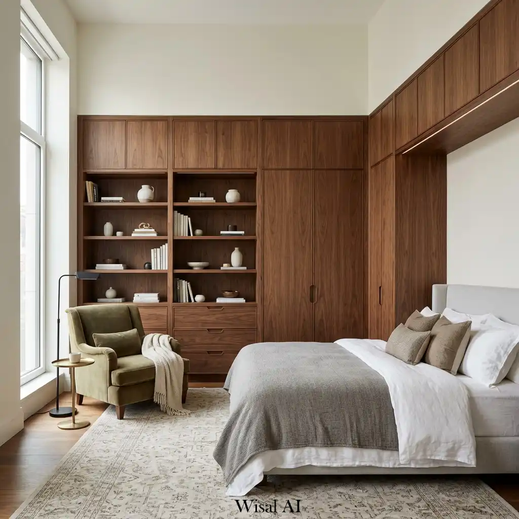 Floor to ceiling walnut millwork with velvet accent chair in bedroom