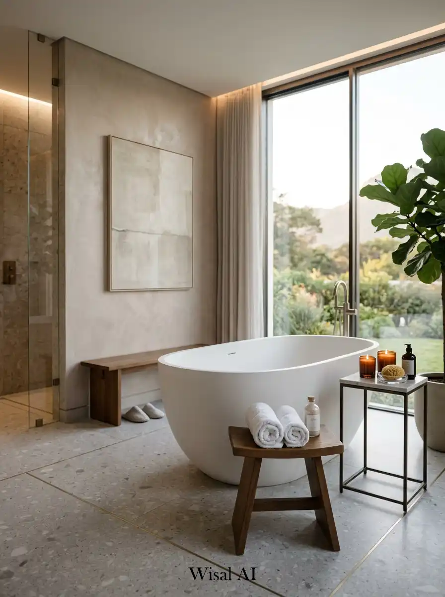 Freestanding bathtub luxury bathroom with calming boutique hotel inspired atmosphere