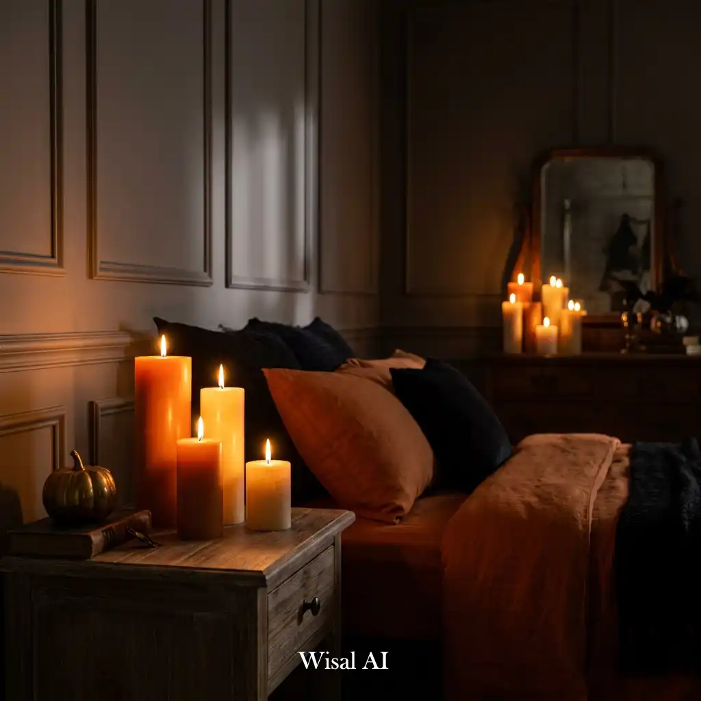 Halloween-inspired bedroom styled with flickering candlelight displays.