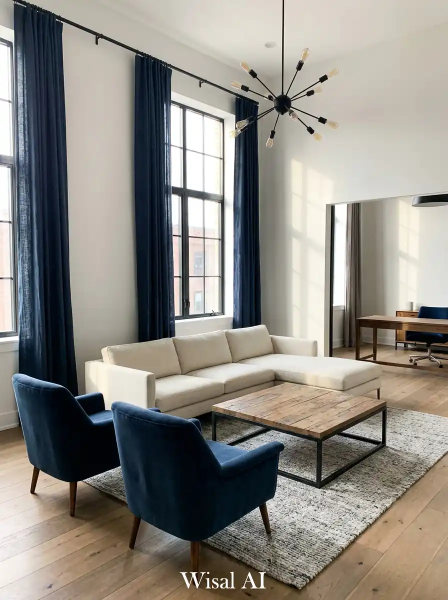 13. Industrial Indigo: Modern Navy Blue and White Living Room