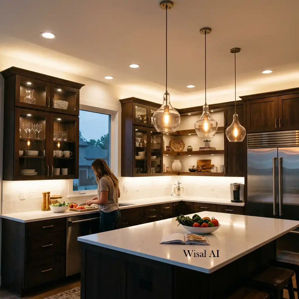 Bright kitchen illuminated with layered lighting including pendant and under-cabinet fixtures.