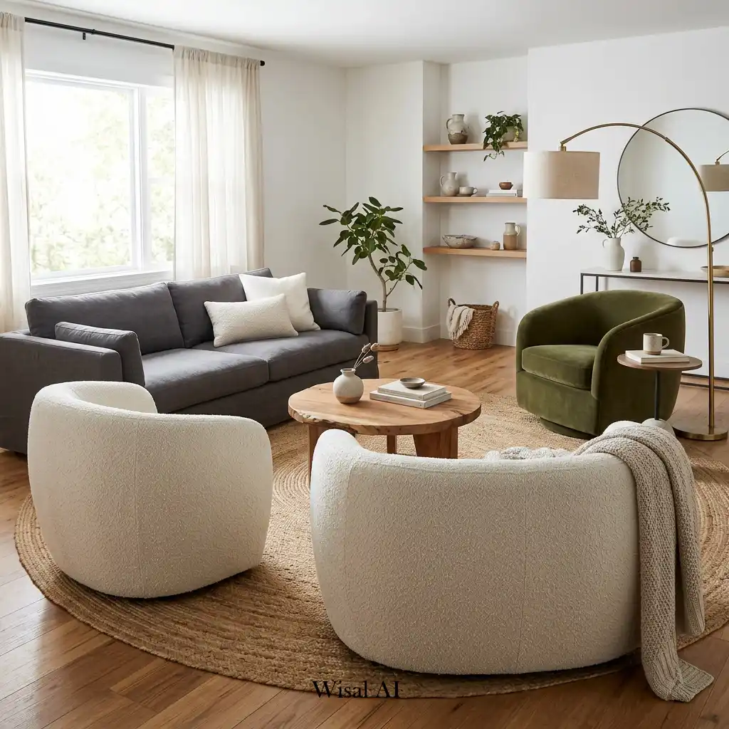 Elegant curved bouclé accent chairs arranged around a sculptural coffee table.