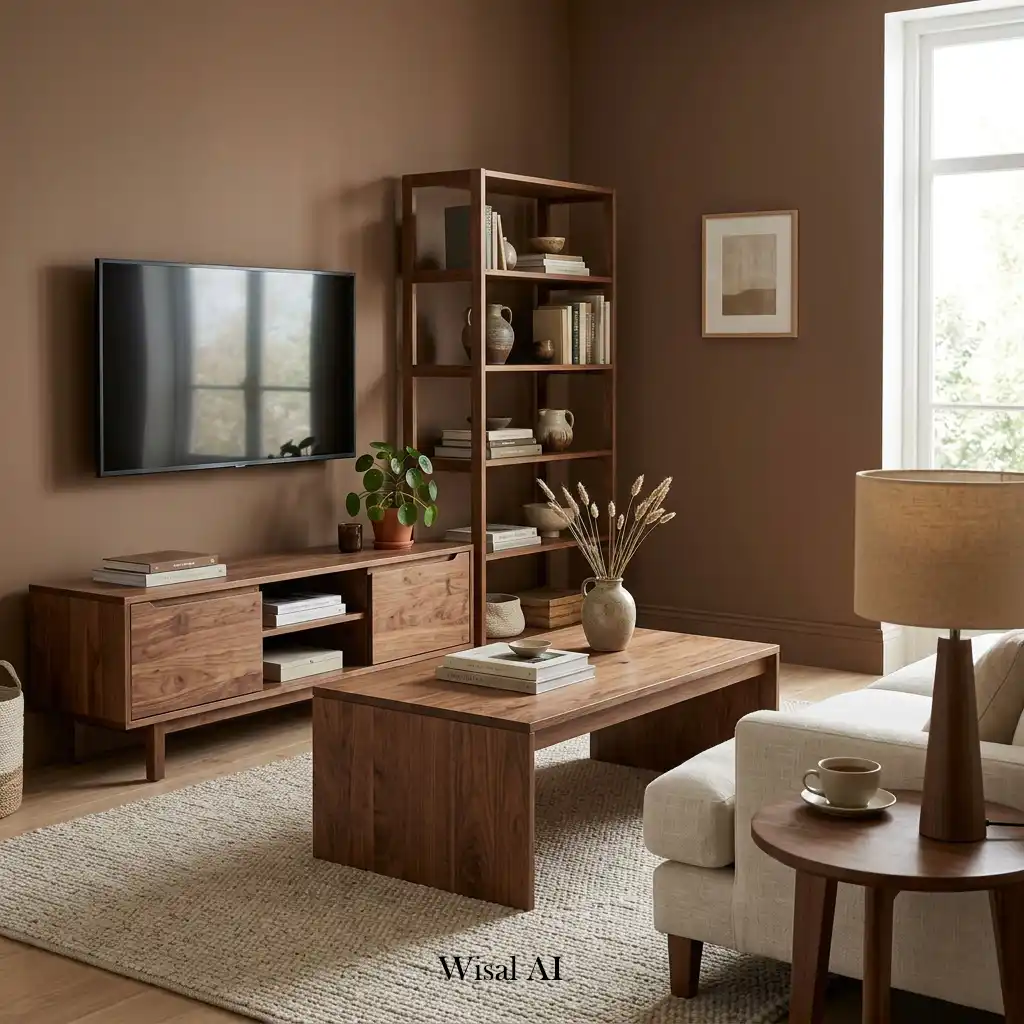 Luxury living room featuring walnut furniture and Mocha Mousse accents.