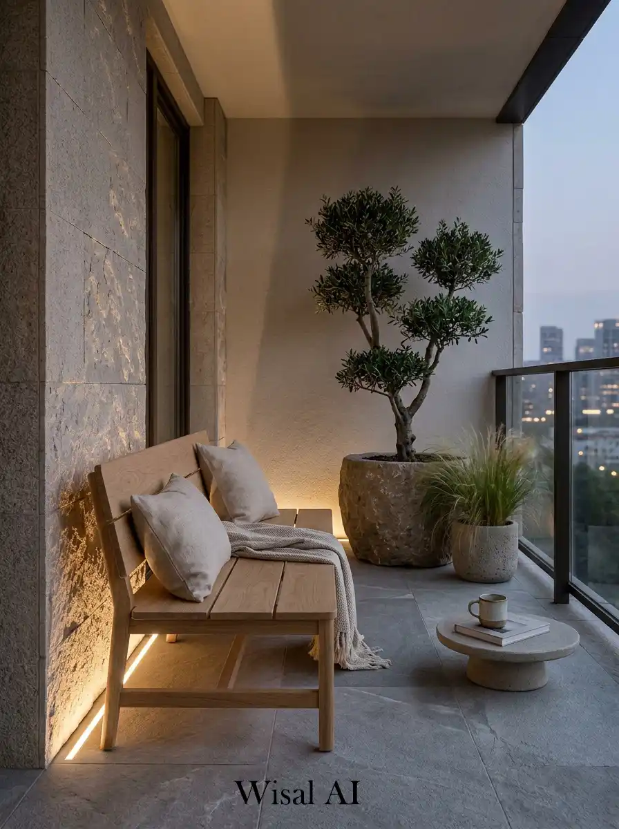 Balanced balcony combining natural stone textures with warm wood elements in a minimalist Japandi style.
