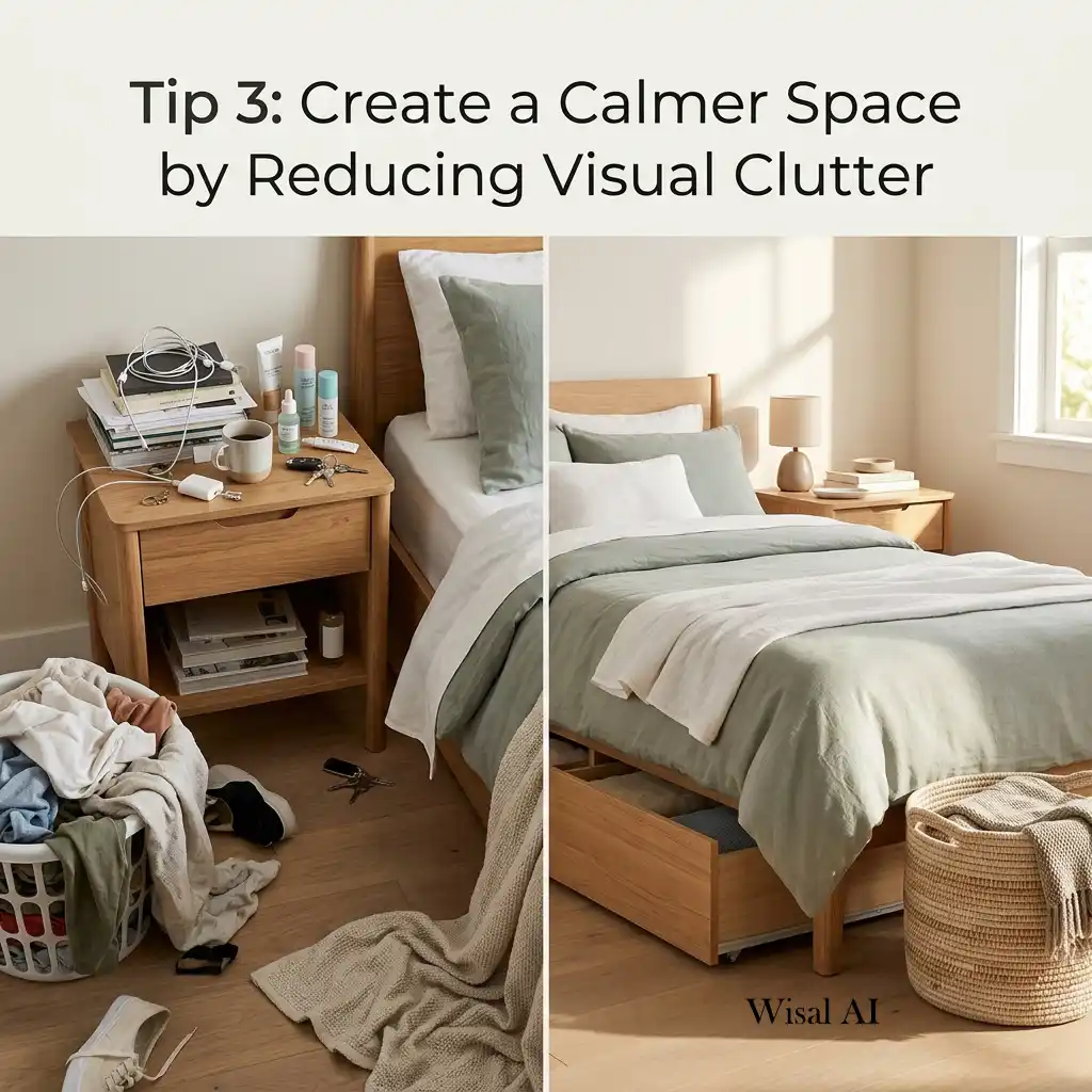 Minimalist bedroom with clutter-free surfaces and smart hidden storage promoting a peaceful environment.