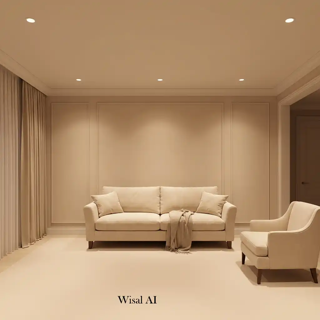 Modern living room with layered lighting and warm ambient lamps.