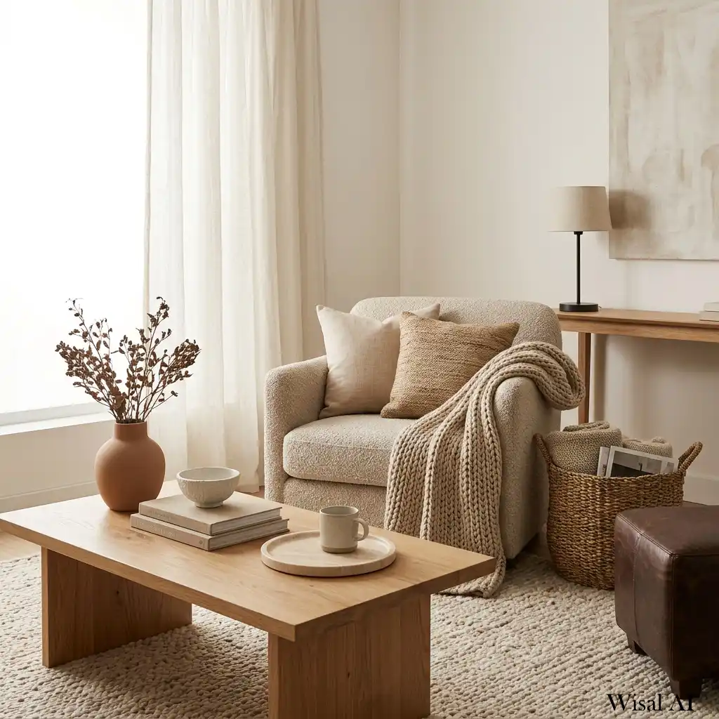 Luxury living room with layered linen, bouclé, leather, and wool textures.