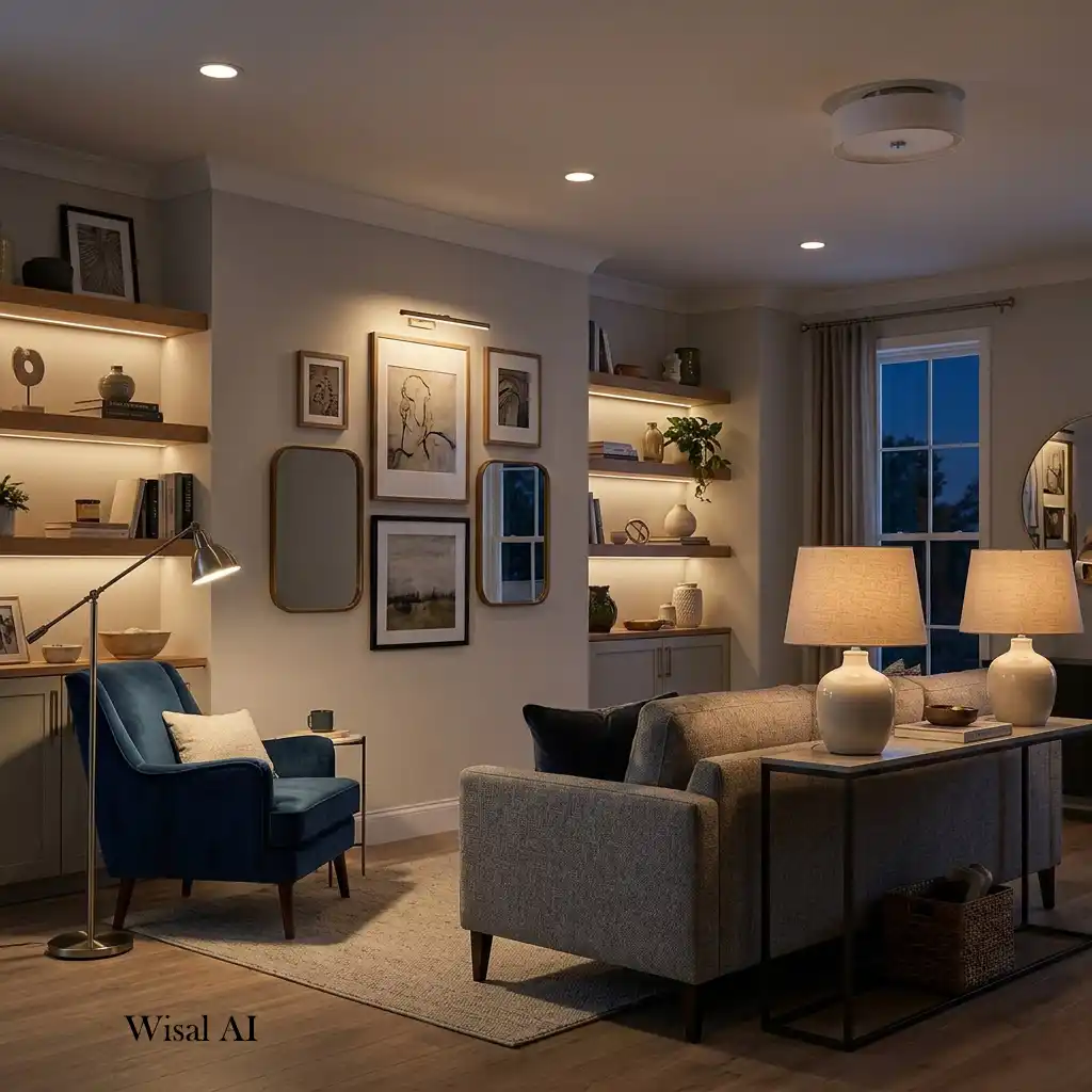 Luxury living room with layered lighting and warm ambient lamps.