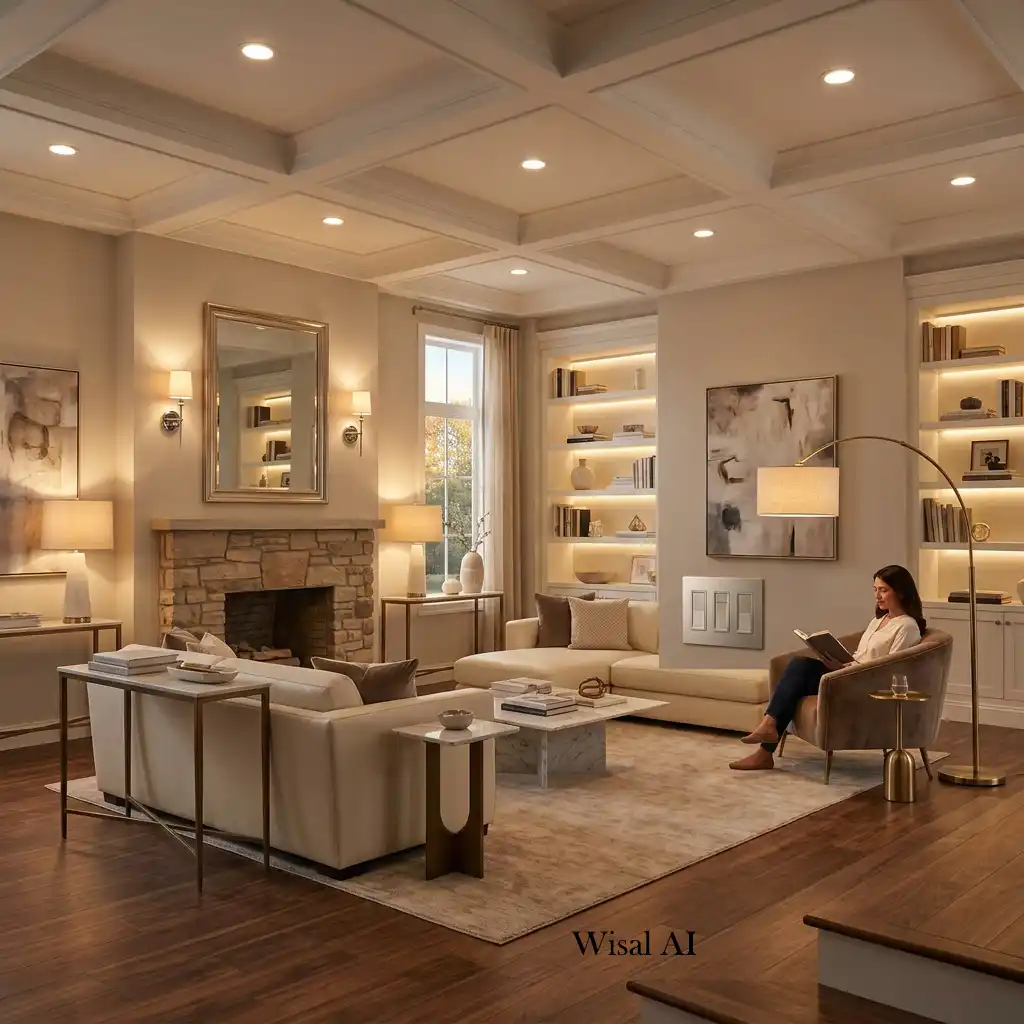 Luxury living room illuminated by layered lighting creating warmth and visual depth.