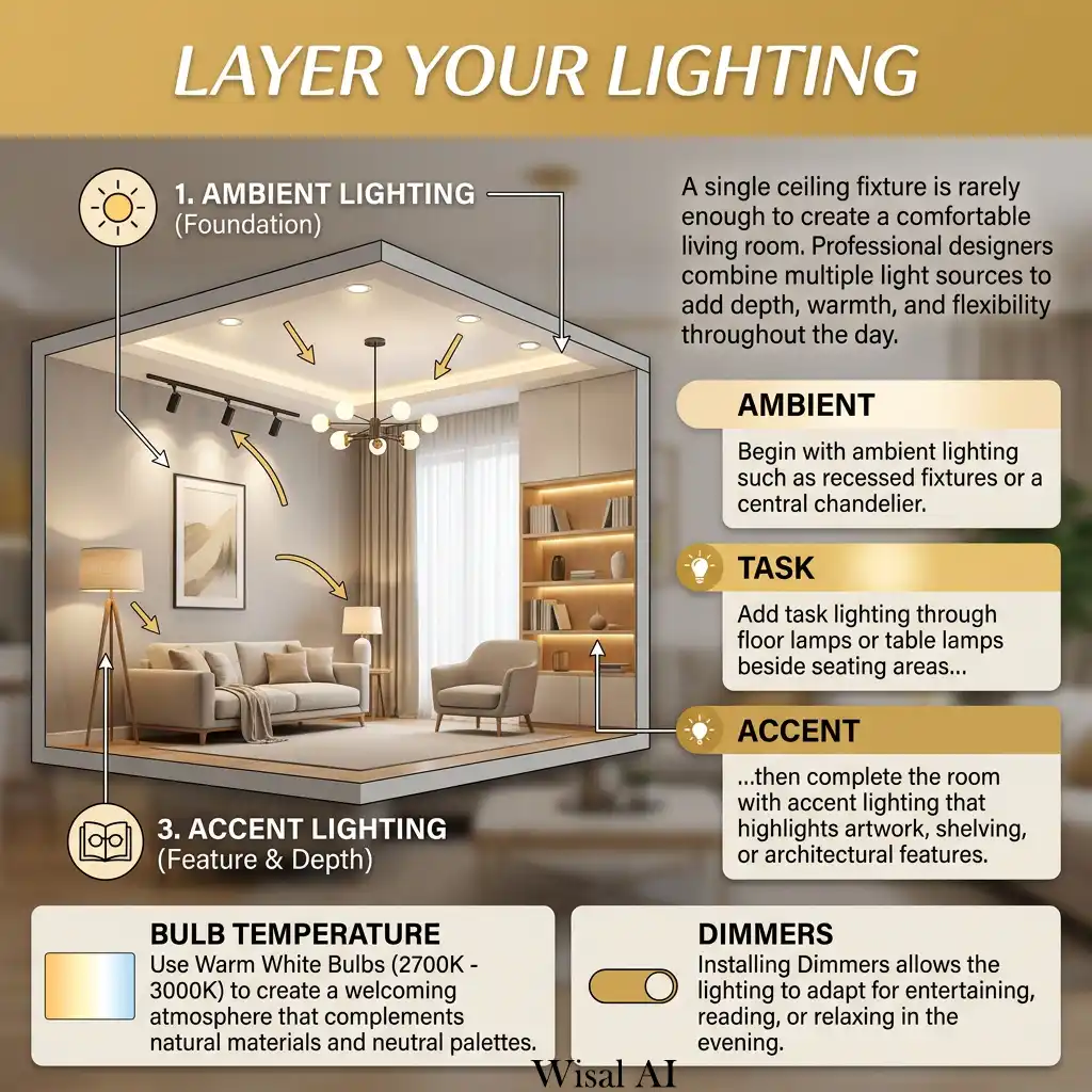 Layered living room lighting with recessed lights, floor lamps, and wall sconces.