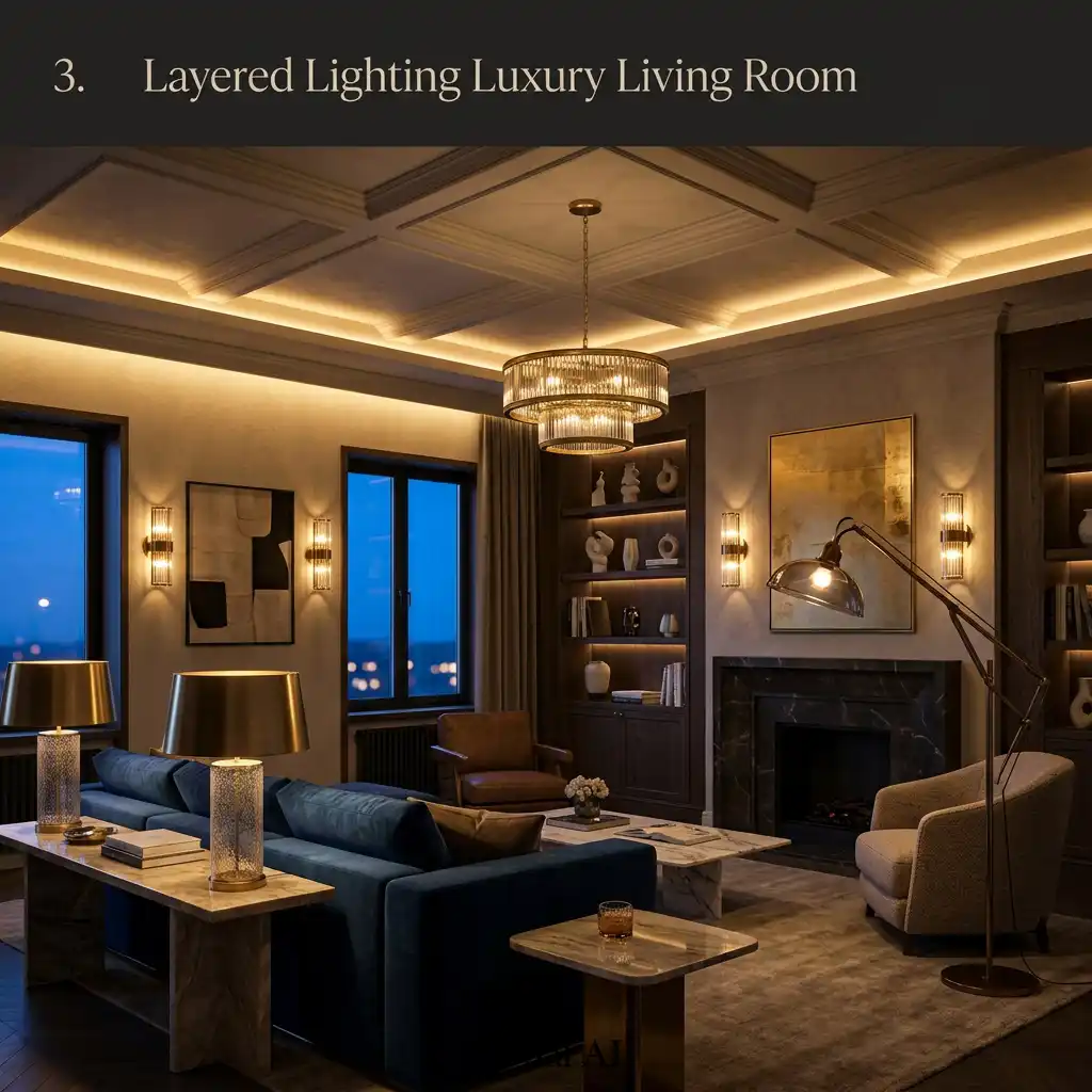 Boutique hotel-inspired living room with layered ambient lighting and warm atmosphere