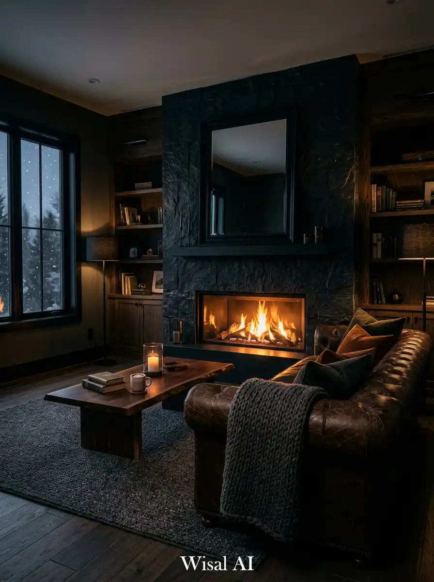 3. Luxury Moody Living Room with Fireplace Glow